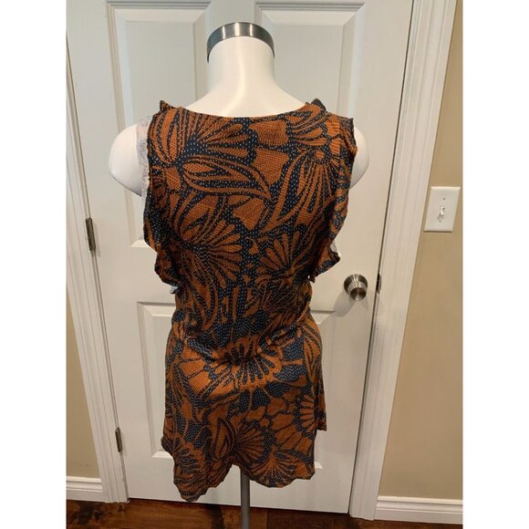 BCBG Max Azria Blue & Brown Floral Ruffle Trim Romper, Size Small - Picture 4 of 5
